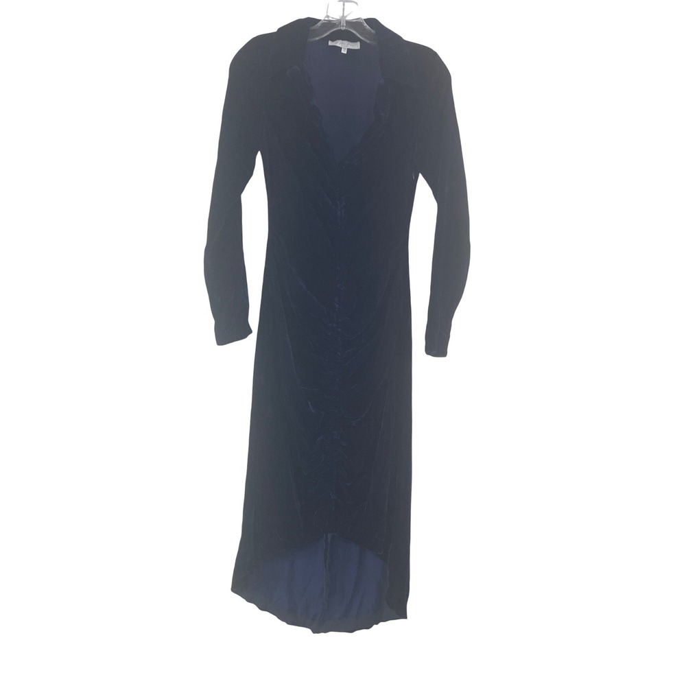 L'Academie Velvet Ruched High-Low Midi Dress XXS Blue Luxe Cocktail Evening - Picture 2 of 5